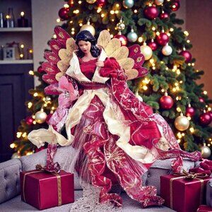 Christmas Fiberoptic Black Angel Tree Topper Irridescent Gold & Maroon Gown Doll